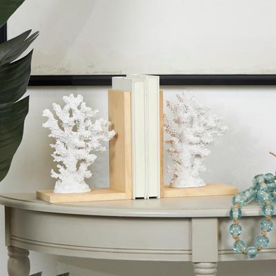 White Resin Textured Coral Decorative Bookends with Brown L-Shaped Stands (Set of 2)