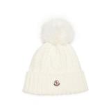Virgin Wool & Cashmere Rib Beanie With Faux Fur Pompom - White - Moncler Hats