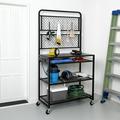Honey-Can-Do 3-Shelf Steel Rolling Garage Workstation with Power and Storage Grid Black