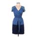 BCBGMAXAZRIA Casual Dress - Party V Neck Short sleeves: Blue Print Dresses - Women's Size 6