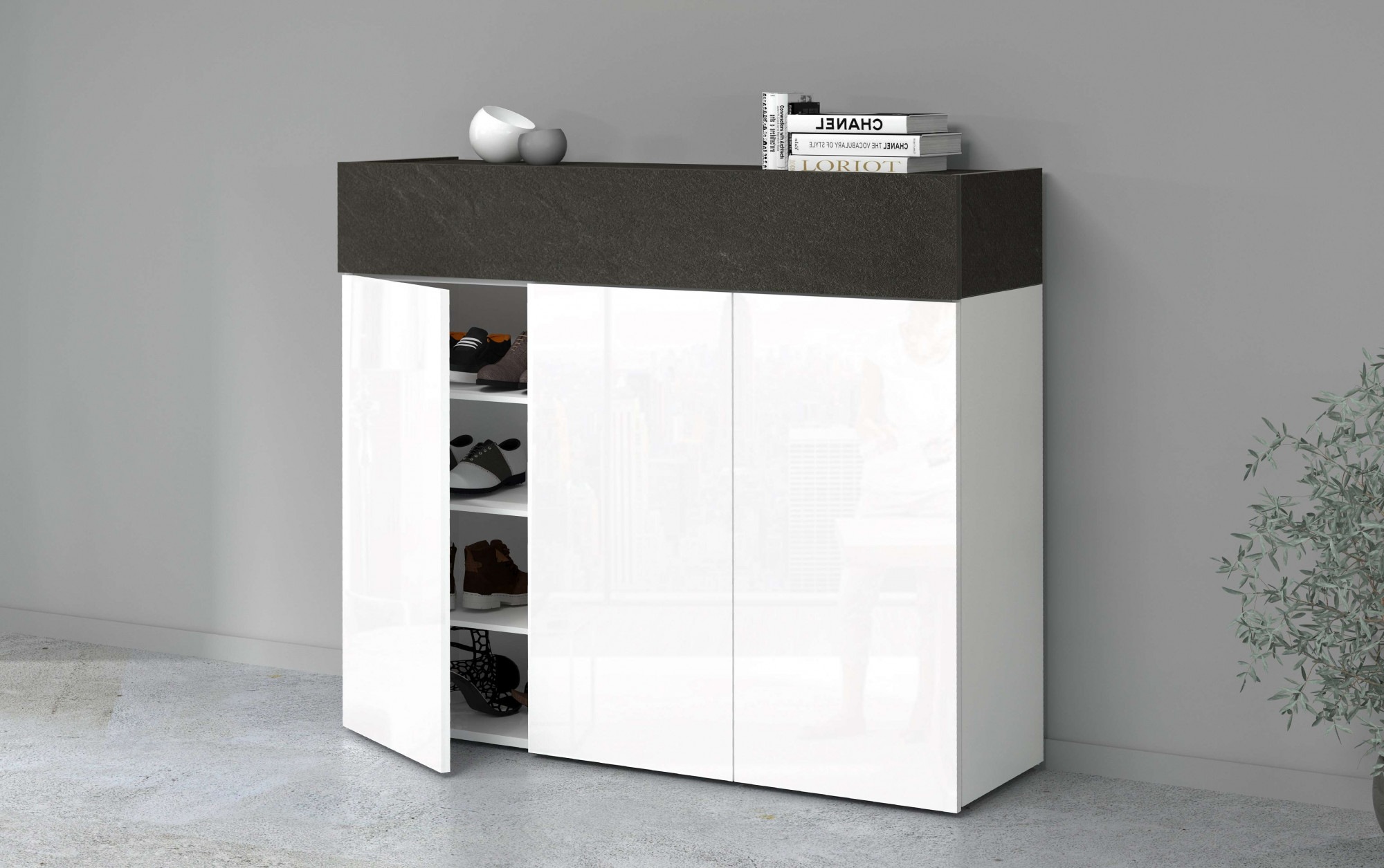 Schuhschrank INOSIGN "Savona", weiß (weiß hg, zement), B:114cm H:100cm T:35cm, Spanplatte, Schränke, Schuhschrank