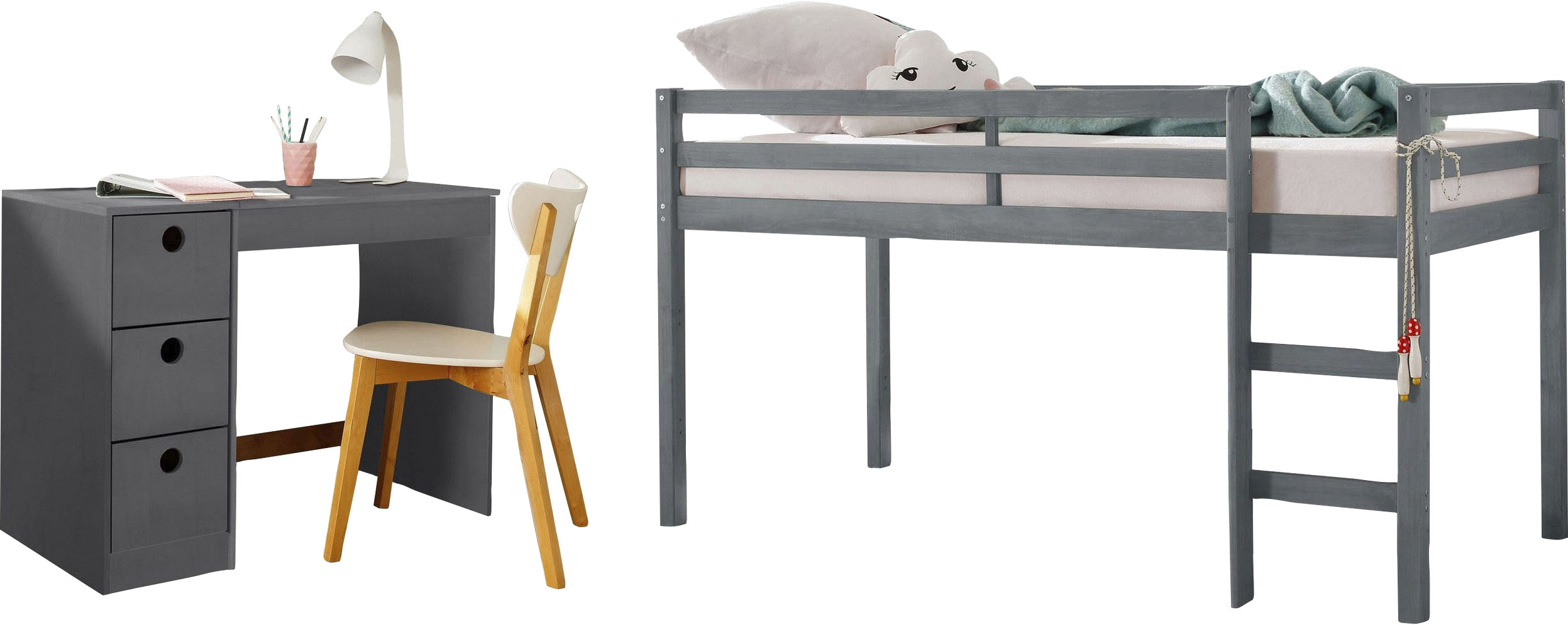 Jugendzimmer-Set OTTO HOME "Alpi", grau, Schlafzimmermöbel-Sets, Hochbett und Schreibtisch mit Stauraum, perfekt für kleine Räume