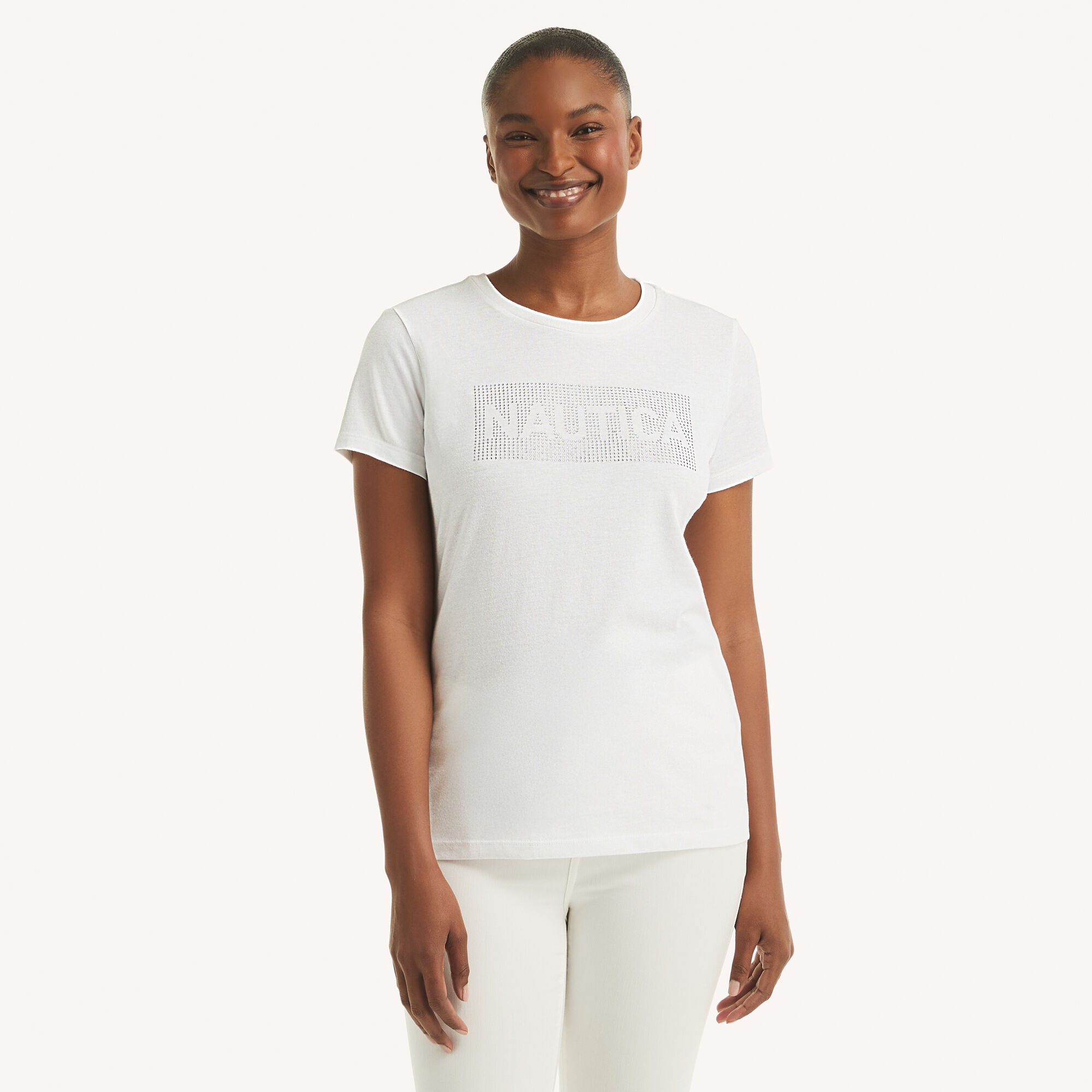 Nautica Women's Rhinestone Logo Graphic T-Shirt 101 (Bright White), XS