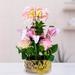 Accent Collection Faux Plant Fake Pink Lilies and Roses Bunch Golden Ceramic Planter