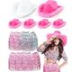 6pieces Sequins Skirt Feather Brim Cowboy Hat Christmas Carnival Sunproof Bride Cowboy Hat Top Hat With Sequins Skirt Pink/white Color Cowboy Hat For Women Men Cowboy Hats For Women Men Party Large