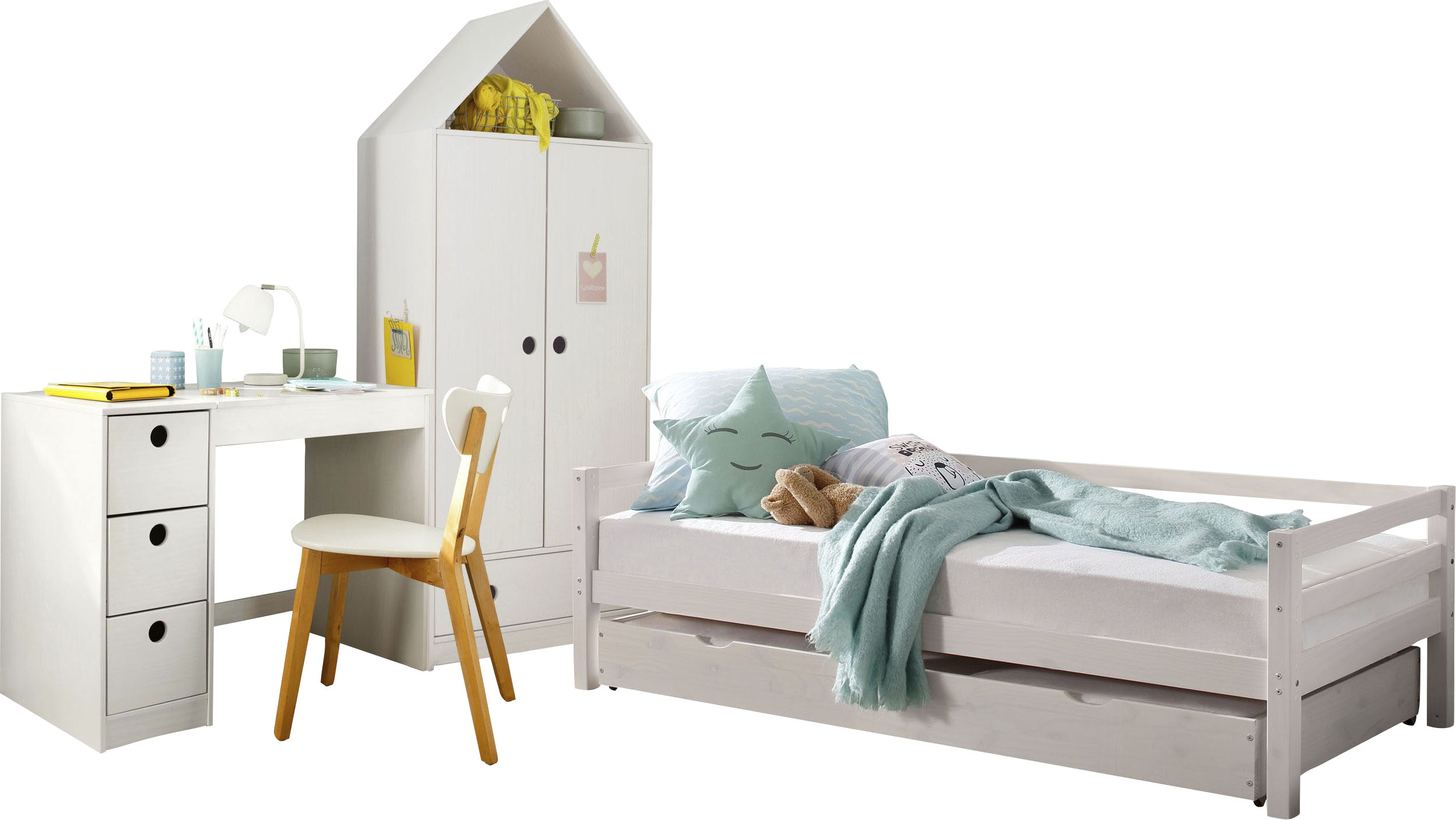 Jugendzimmer-Set LÜTTENHÜTT "Alpi", weiß, Schlafzimmermöbel-Sets, Daybed, Schreibtisch mit Stauraum und Kleiderschrank in Hausoptik Image