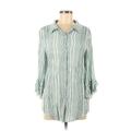 Suzanne Betro Long Sleeve Button Down Shirt: Green Stripes Tops - Women's Size Large