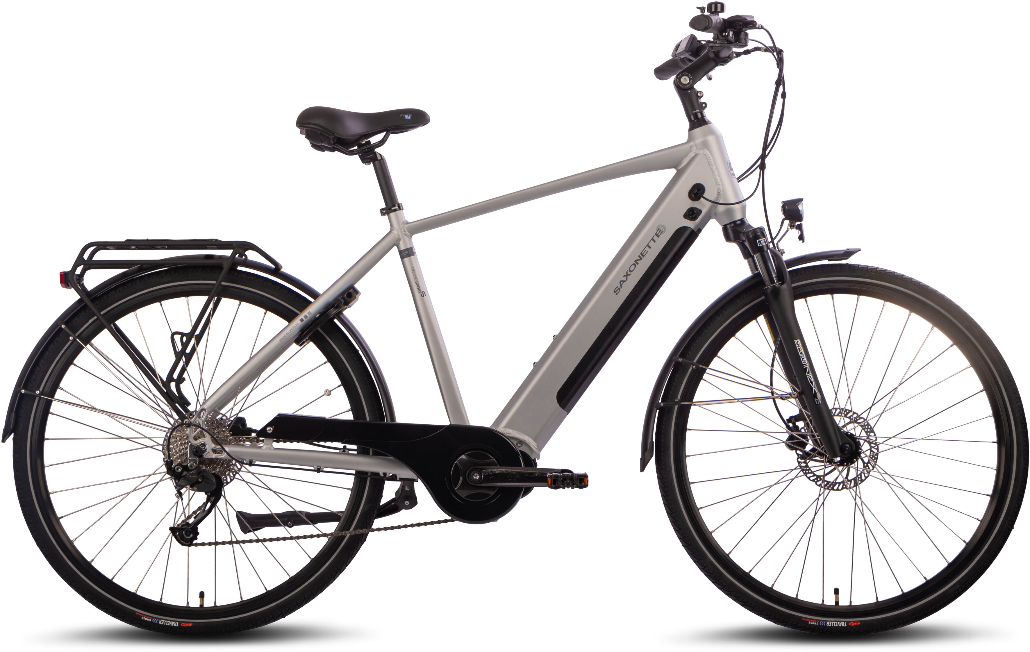 E-Bike SAXONETTE "Saxonette Deluxe Sport (Diamant)" Gr. 54, silber (silberfarben, schwarz), Elektrofahrräder, 54cm, 28 Zoll (71,12cm), Pedelec, Elektrofahrrad für Damen u. Herren Image