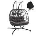 NICESOUL Double Swing Egg Chair with Stand Outdoor Indoor 2 Person Large Wicker Hanging Chair Oversized Twins Patio Loveseat 2 Seat Egg Chair Grey with Cover