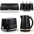 TOWER Solitaire Black 1.5L 3KW Jug Kettle, 2 Slice Toaster Bread Bin & Canisters. Matching Contemporary Design Kitchen Set of 6 in Black