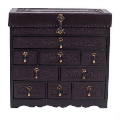 Cedar and leather jewelry box, 'Colonial Damsel'