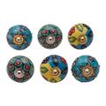 Charming Globes,'Vibrant Floral Ceramic Knobs from India (Set of 6)'
