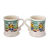 Majolica Bouquet,'Floral Ceramic Mugs from Mexico (Pair)'