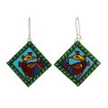 'Diamond-Shaped Peacock Green Ceramic Dangle Earrings'