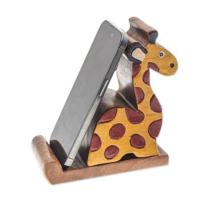 Safari Support,'Giraffe-Themed Hand-Carved Raintree Wood Phone Holder'