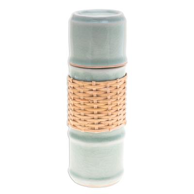 'Green Celadon Ceramic and Rattan Bamboo-Themed Water Bottle'