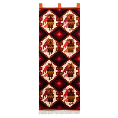 'Owl-Themed Geometric Loomed Wool Tapestry from Pe...