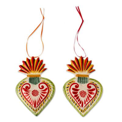 Flaming Hearts,'Flaming Heart Ceramic Ornaments from Mexico (Pair)'