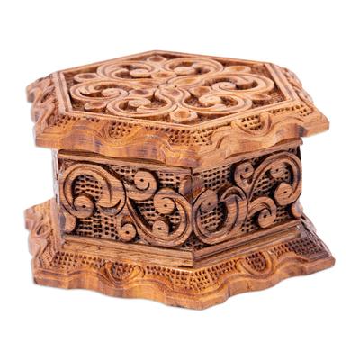 'Hand-Carved Floral Hexagonal Elm Tree Wood Jewelry Box'
