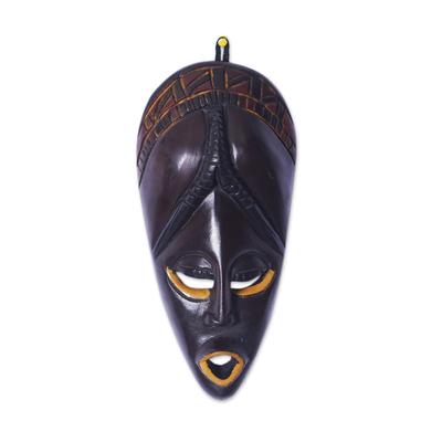 Nyame Nsa,'Hand-Painted Dark Brown and Yellow African Sese Wood Mask'