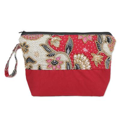 Red Blooming,'Embroidered Cotton Cosmetic Bag in Red with Batik Motif'