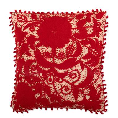 Carnation & Passion,'Floral Cardinal Red and Ivory Embroidered Cushion Cover'