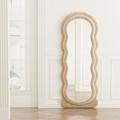 Wavy Floor Mirror, 160CMx 60CM Floor Mirror, Wave Arched Floor Mirror, Standing Mirror Leaning Against Wall, Wooden Frame Flannel for Bedroom/Living Room,milk tea color,170 * 70cm