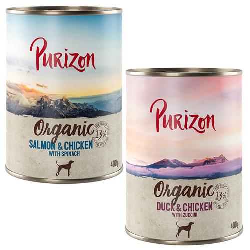 Sparpaket Purizon 24 x 400 g zum Sonderpreis - Organic Mixpaket: 12 x Ente mit Huhn, 12 x Lachs...