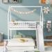 Twin Over Full Bunk Bed with Slide and Built-in Ladder, Wooden Floor House Shaped Bedframe w/Full-Length Guardrail & Roof, White