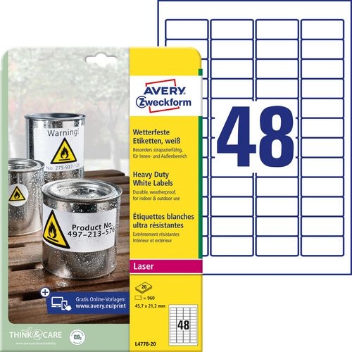 AVERY Zweckform L4778-20 Wetterfeste Etiketten DIN A4 Weiß 45,7 x 21,2 mm 20 Blatt à 48 Etiketten Image