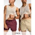 ASOS DESIGN 2 pack swim shorts in short length in beige/burgundy SAVE-Multi