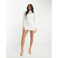John Zack lace mini dress with front ruching in white