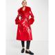 Topshop long faux leather coat with faux fur trim in red