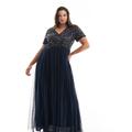 Maya Plus Bridesmaid short sleeve maxi tulle dress with tonal delicate sequins in taupe navy