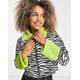 Daisy Street cropped jacket in zebra print with faux fur green cuffs and collar-Multi