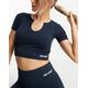 Urban Threads notch neck seamless sports crop top in navy