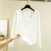 Women Autumn/Winter Solid Color Body Fit Square Neck Long Sleeve Thermal Top Thermal Underwear Top White L