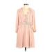 DR2 Casual Dress - Mini V Neck 3/4 sleeves: Pink Print Dresses - Women's Size Large
