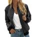 Entyinea Women Juniors Shirt Jacket Long Sleeve Baseball Collar Zip Up Bomber Jacket Black M