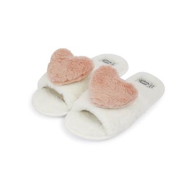 Slippers Heart Faux Fur Open Toe Slippers with Faux Fur Lining in Cream / 7-8 (40-41) - Tokyo Laundry