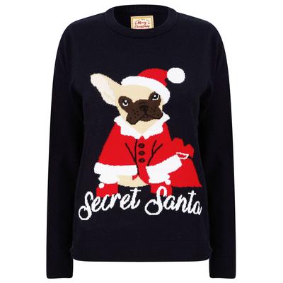 Jumpers Women’s Secret Santa Dog Motif Novelty Christmas Jumper in Ink - Merry Christmas / 16 - Tokyo Laundry