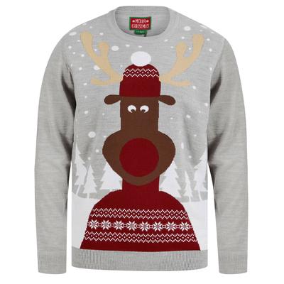 Jumpers Men’s Snow Scene Rudolph Motif Novelty Christmas Jumper in Light Silver Marl - Merry Christmas / L - Tokyo Laundry