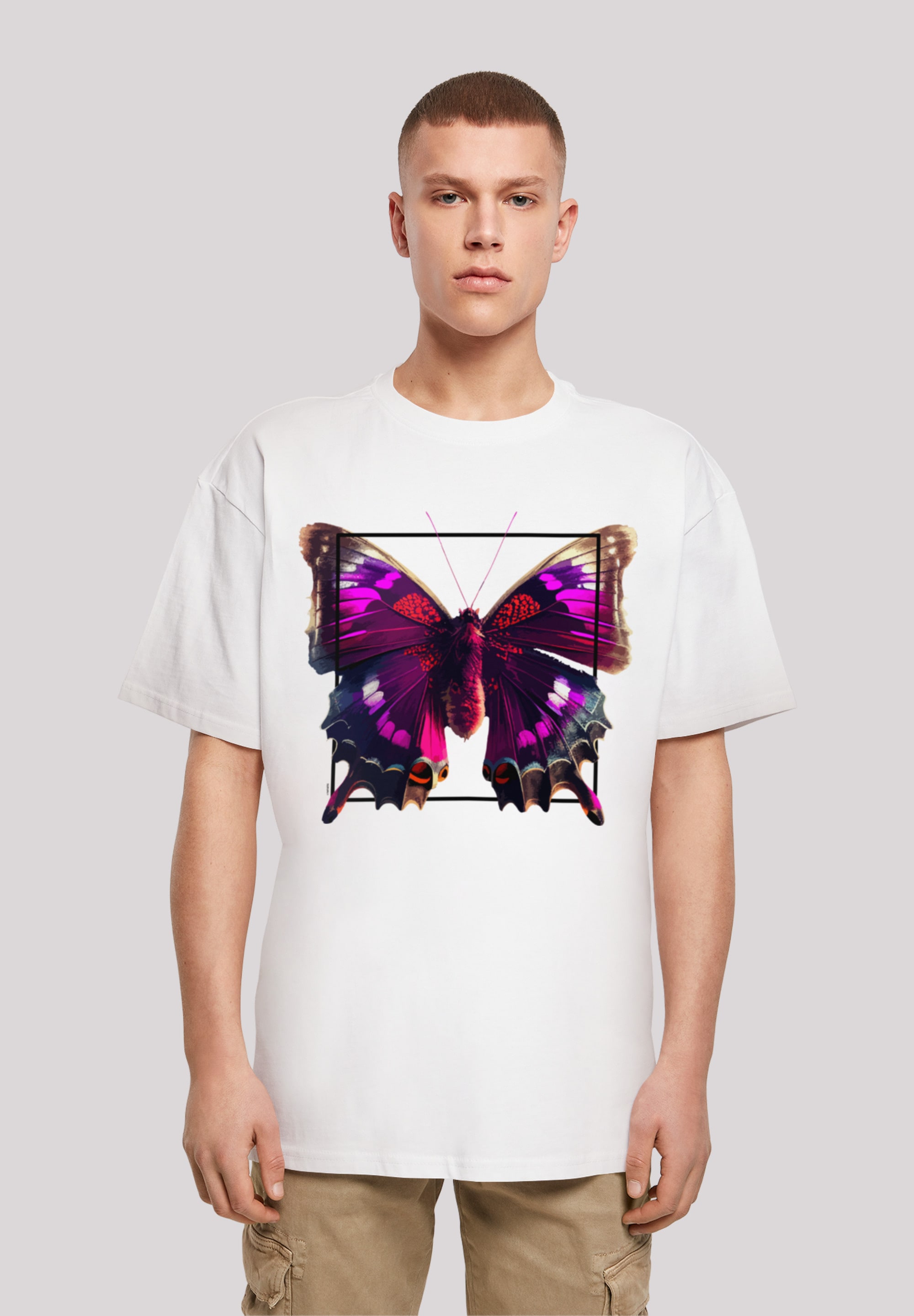 T-Shirt F4NT4STIC "Pink Schmetterling OVERSIZE TEE", Herren, Gr. 3XL, weiß, Obermaterial: 100% Baumwolle, oversize, Rundhals, ohne Bündchen, Shirts, Print Image