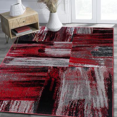 HR Red, Grey, Silver, Black, Abstract Contemporary Design Brush Pattern Rug
