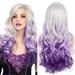 Long Curly Wavy Silver Grey to Purple Wig Side Part Natural Looking Synthetic Cosplay Wig for Women