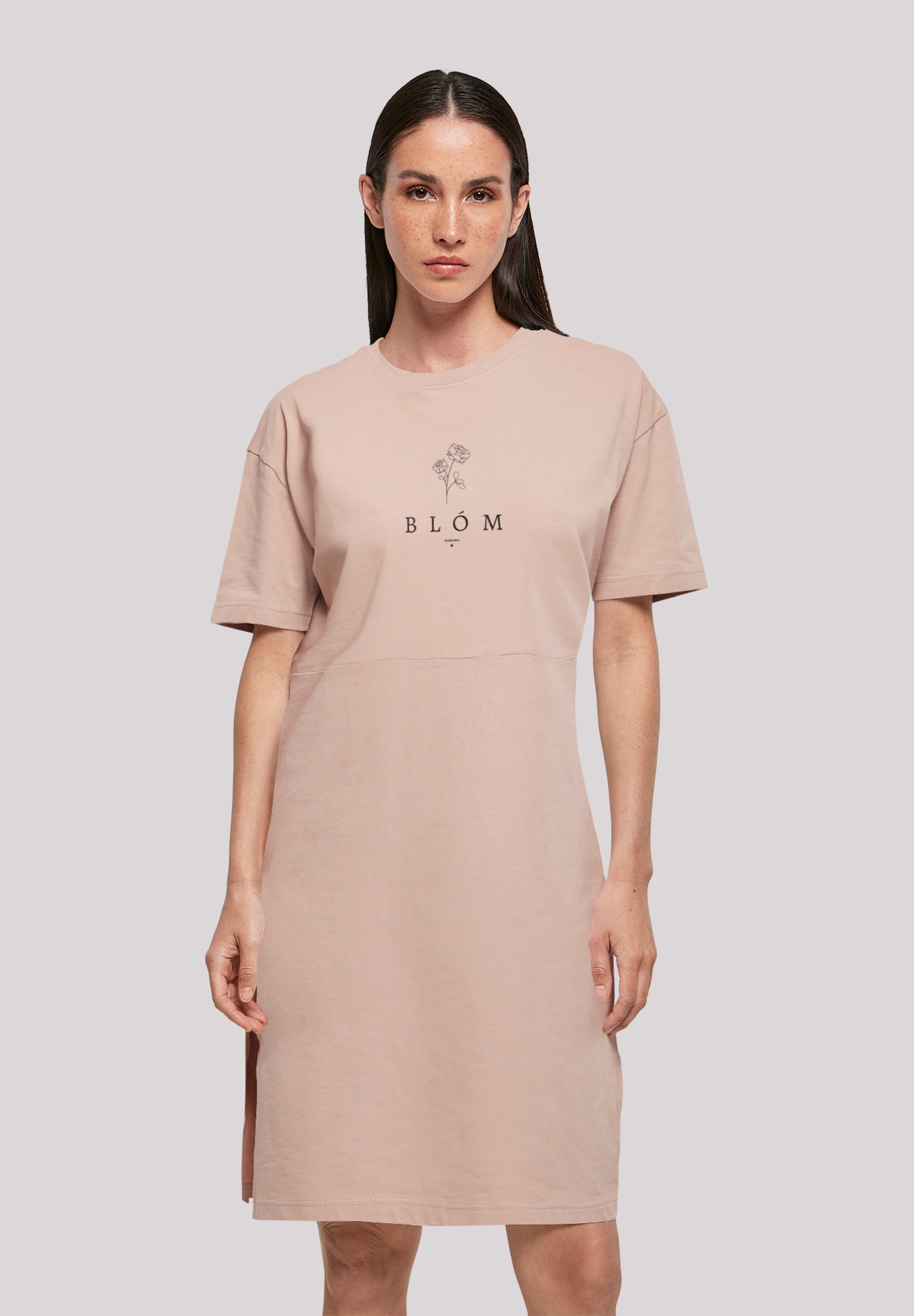 Shirtkleid F4NT4STIC "Blóm Rose", Damen, Gr. S, rosa (duskrose), Obermaterial: 100% Baumwolle, oversize, Rundhals, ohne Bündchen, Kleider, Print Image