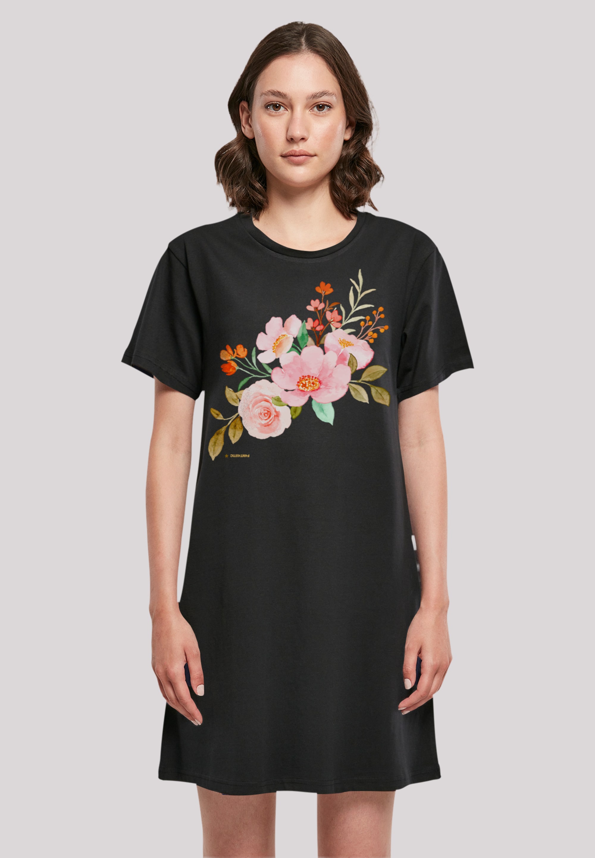 Shirtkleid F4NT4STIC "Blumenmuster Damen T-Shirt Kleid", Damen, Gr. M, schwarz, Obermaterial: 100% Baumwolle, Casual, regular fit, Rundhals, ohne Bündchen, Kleider, Print Image