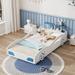 Wooden Twin Size Race Car Bed, Car-Shaped Platform Kids Bed Frame with Wheels For Teens, White & Blue