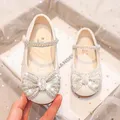 Chaussures Mary Janes à bout rond avec nœud en biscuits brillant pour enfants mocassin non ald