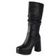 MJIASIAWA Women Round Toe Platform Knee High Slouch Boots Winter Fashion Chunky Block Heels Casual Riding Booties Black Size 7 UK/42 Asian